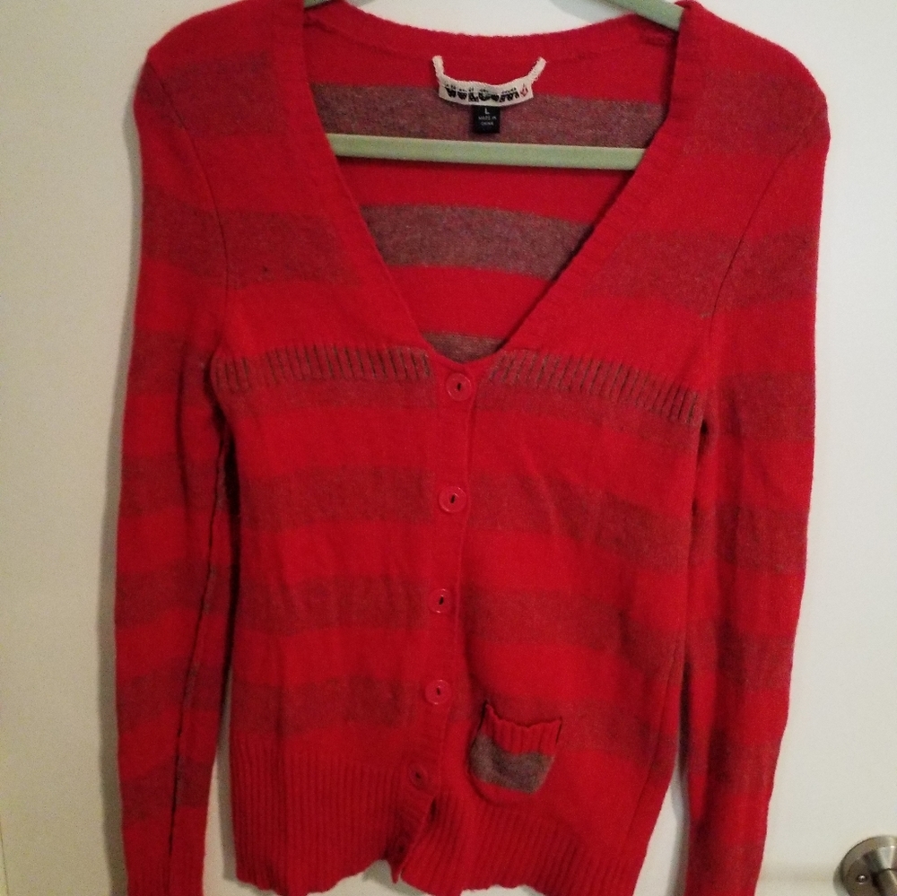 Volcom Red and Gray striped Cardigan Size L
